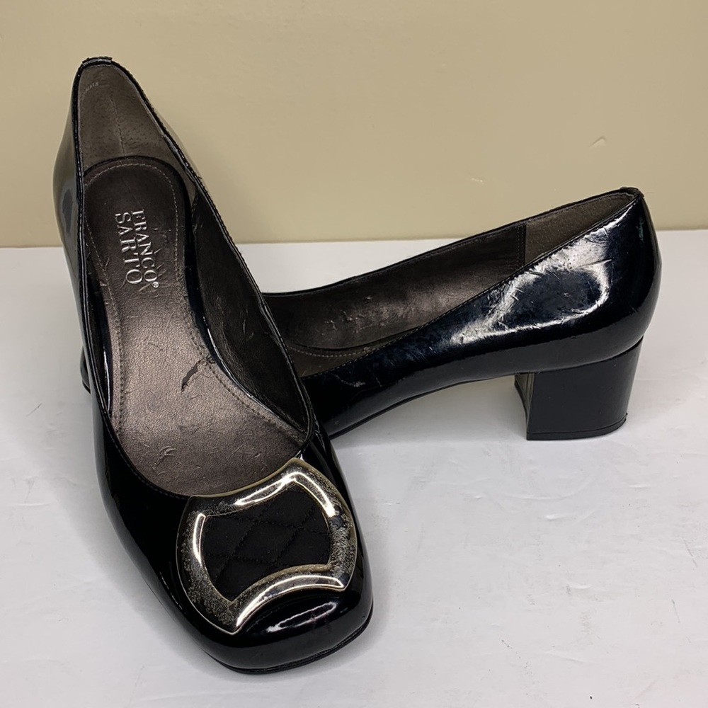 Franco Sarto Black Patent Leather Low Block Heel Pumps with Silver Accent